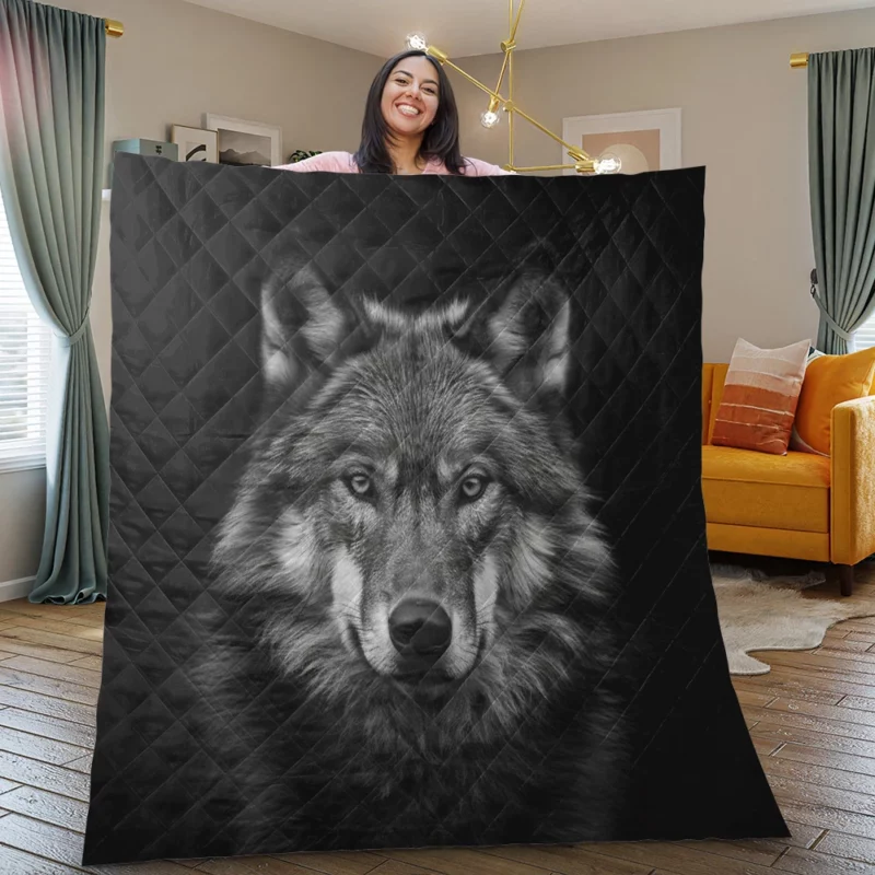 Wolf on Black Background Quilt Blanket