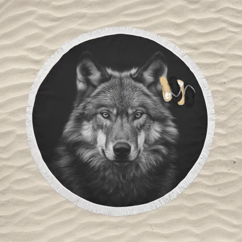 Wolf on Black Background Round Beach Towel