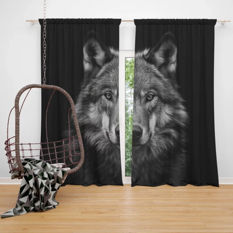 Wolf on Black Background Window Curtain