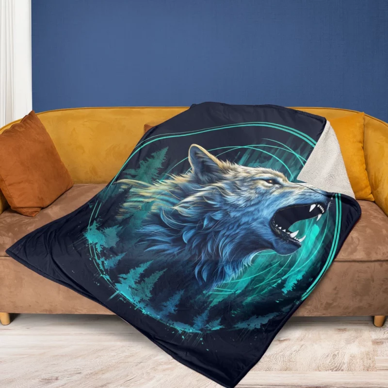 Wolf with Blue Background Fleece Blanket 1