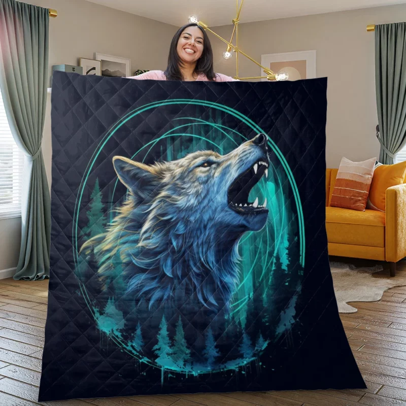 Wolf with Blue Background Quilt Blanket