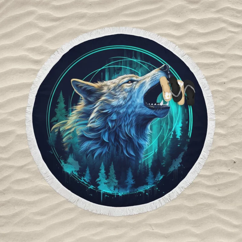 Wolf with Blue Background Round Beach Towel