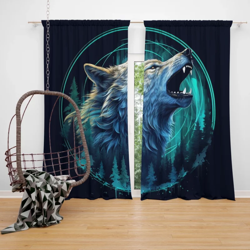 Wolf with Blue Background Window Curtain