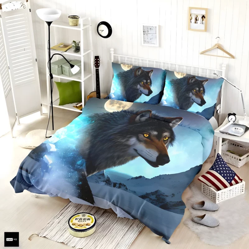 Wolf with Blue Eyes and Full Moon Bedding Set