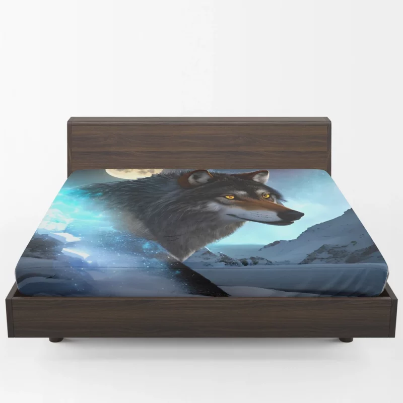 Wolf with Blue Eyes and Full Moon Fitted Sheet 1