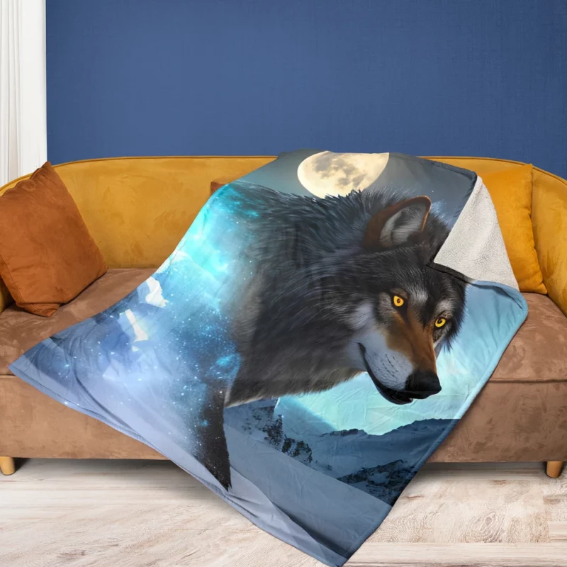 Wolf with Blue Eyes and Full Moon Fleece Blanket 1