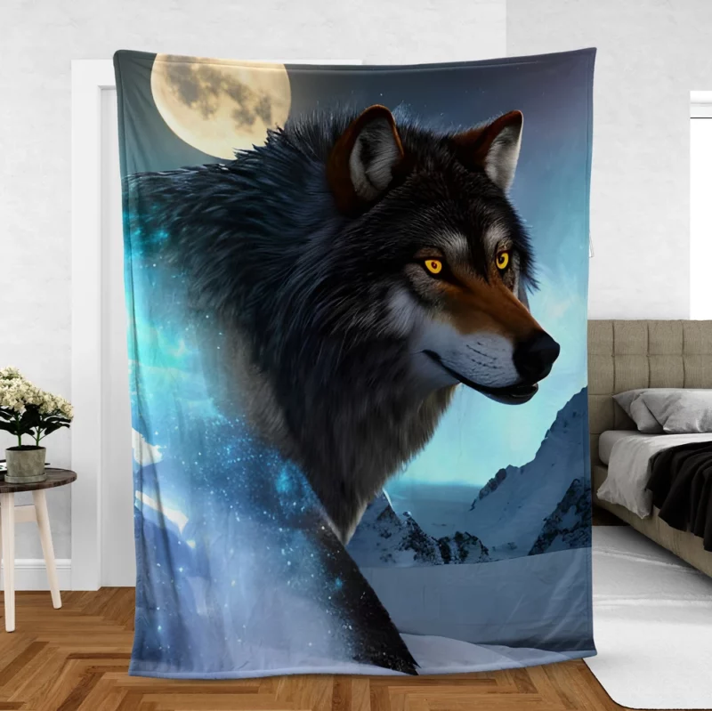 Wolf with Blue Eyes and Full Moon Fleece Blanket