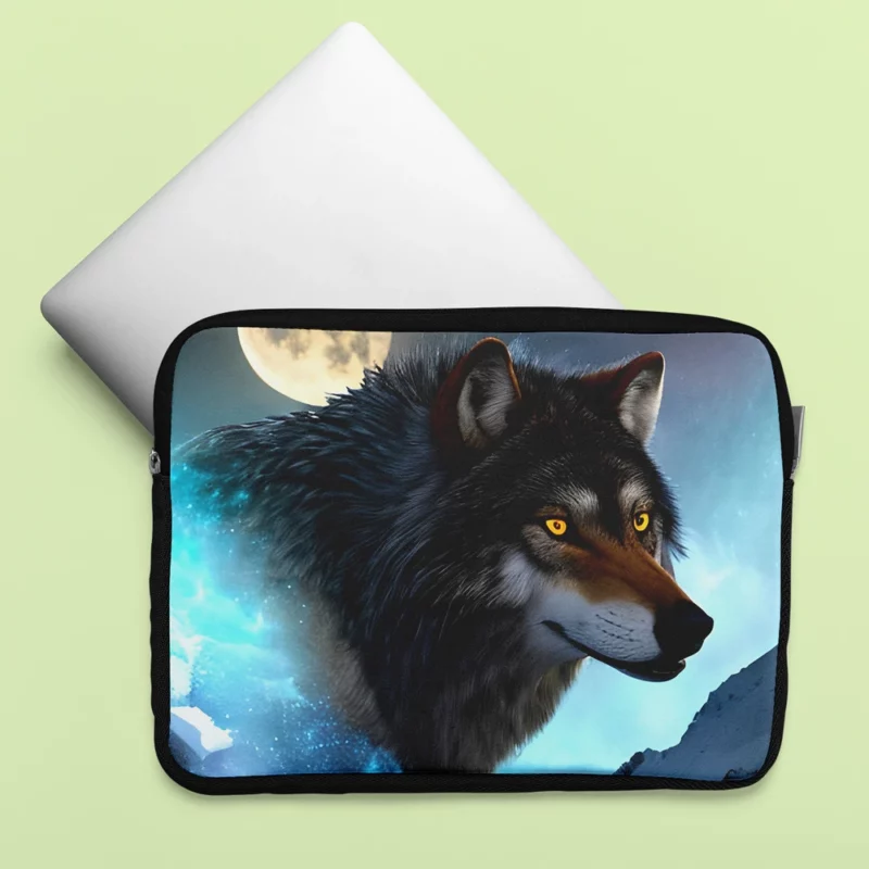 Wolf with Blue Eyes and Full Moon Laptop Sleeve