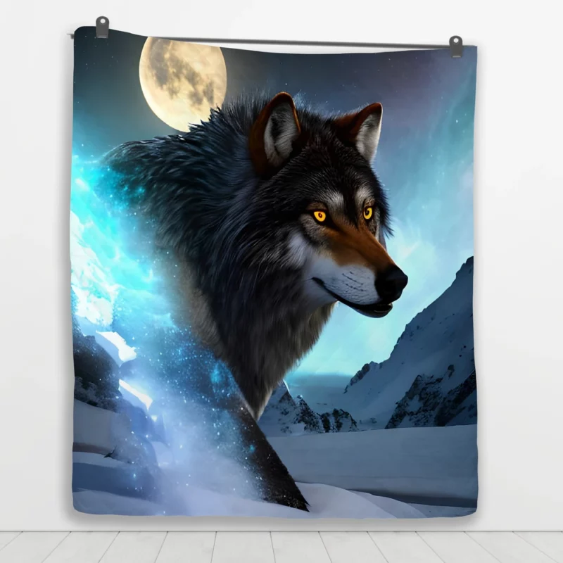 Wolf with Blue Eyes and Full Moon Quilt Blanket 1