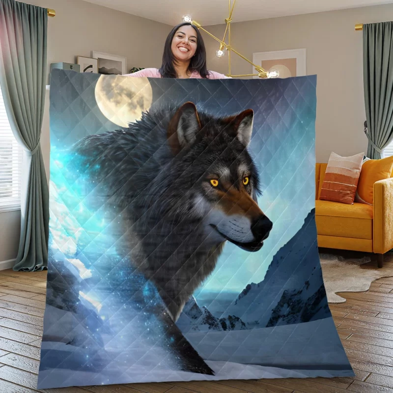 Wolf with Blue Eyes and Full Moon Quilt Blanket