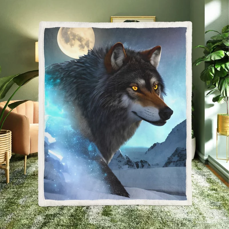 Wolf with Blue Eyes and Full Moon Sherpa Fleece Blanket