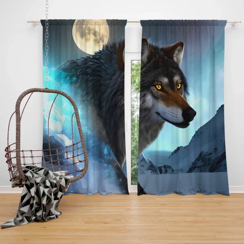 Wolf with Blue Eyes and Full Moon Window Curtain