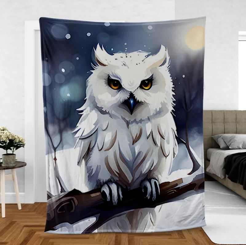 Yellow Eyed Owl on Branch Fleece Blanket