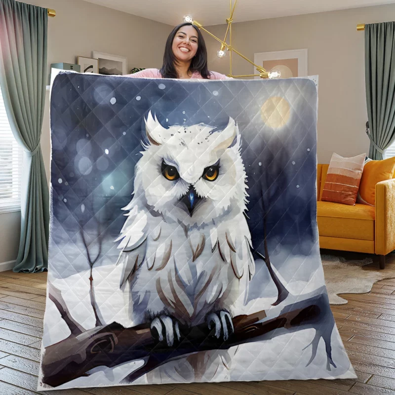 Yellow Eyed Owl on Branch Quilt Blanket