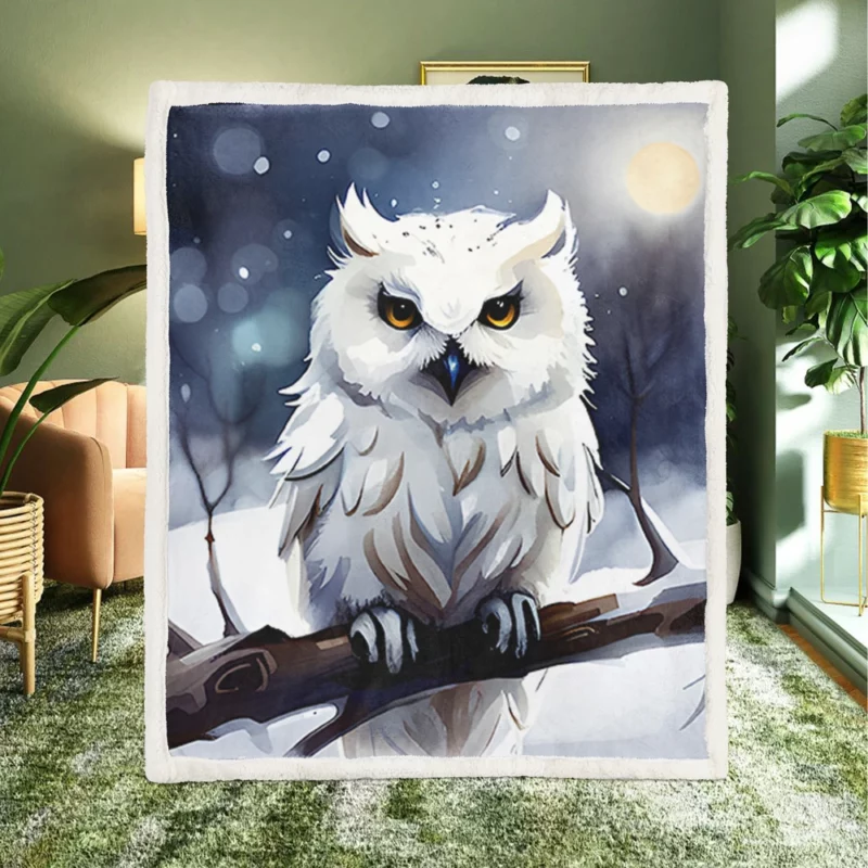 Yellow Eyed Owl on Branch Sherpa Fleece Blanket