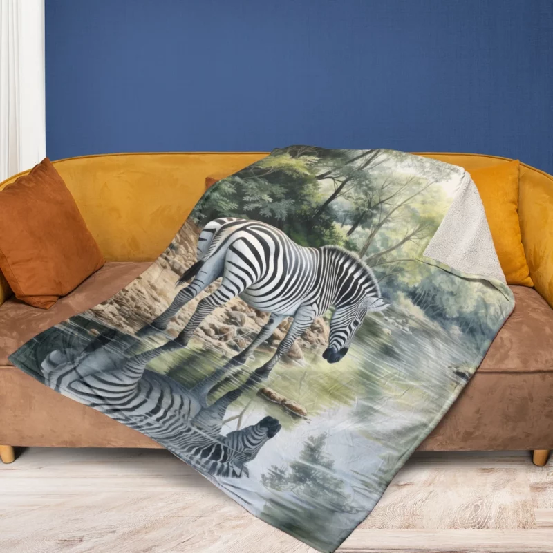 Zebra Drinking Water Peacefully Fleece Blanket 1