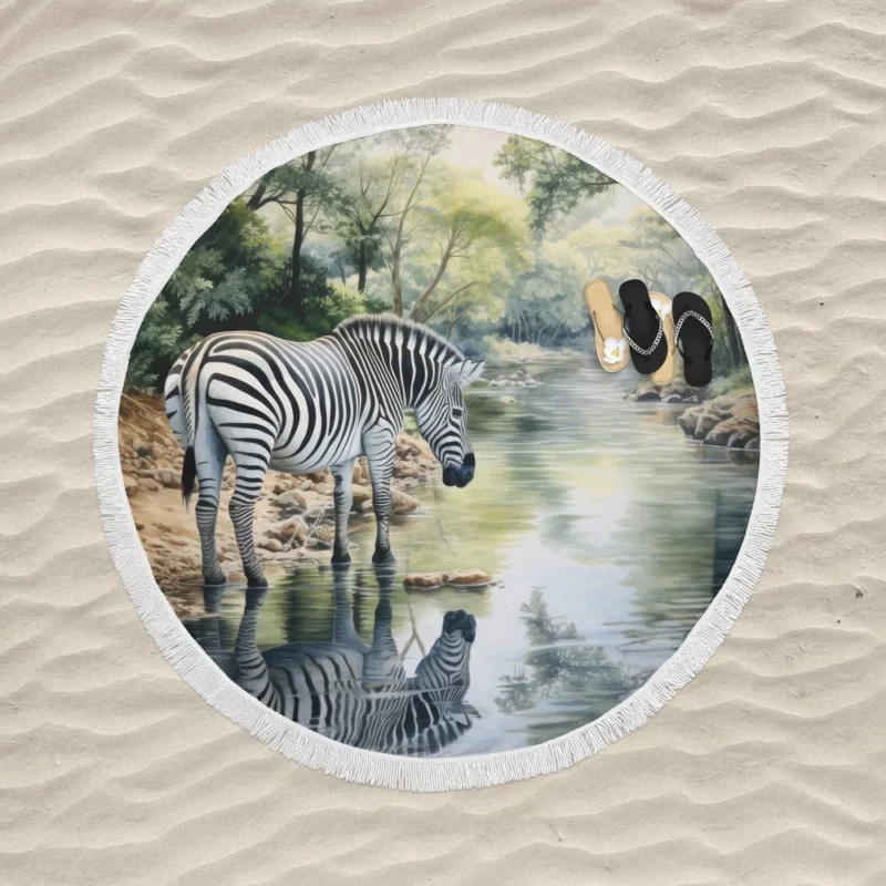 Zebra Drinking Water Peacefully Round Beach Towel