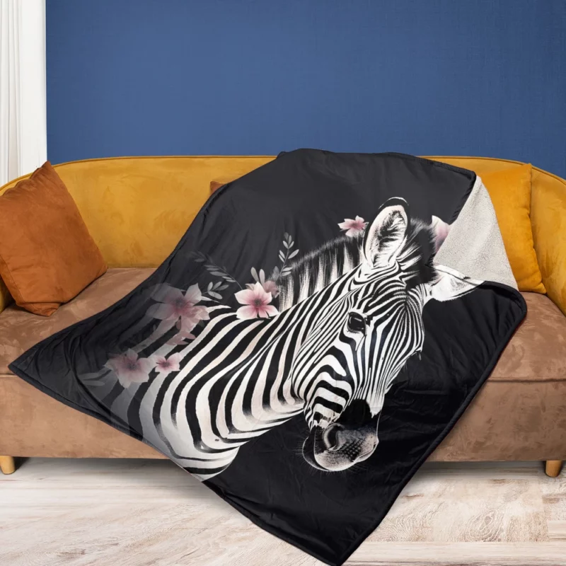 Zebra Headshot With Flowers Fleece Blanket 1