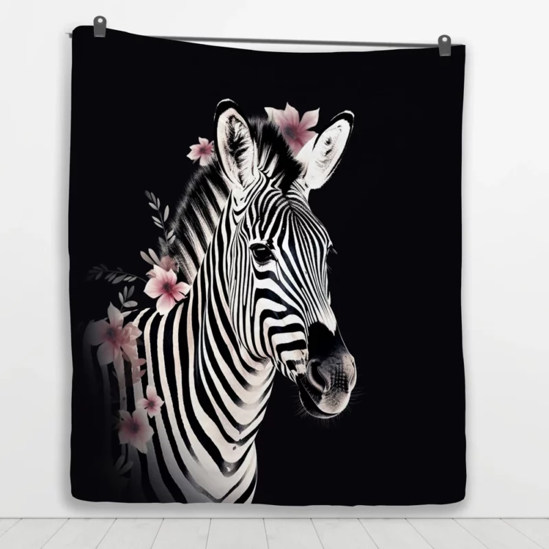 Zebra Headshot With Flowers Quilt Blanket 1