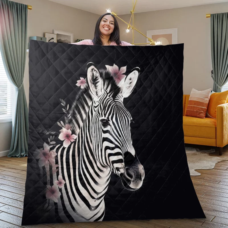 Zebra Headshot With Flowers Quilt Blanket