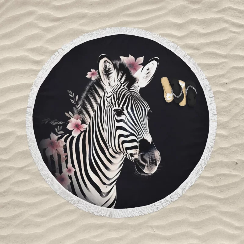 Zebra Headshot With Flowers Round Beach Towel