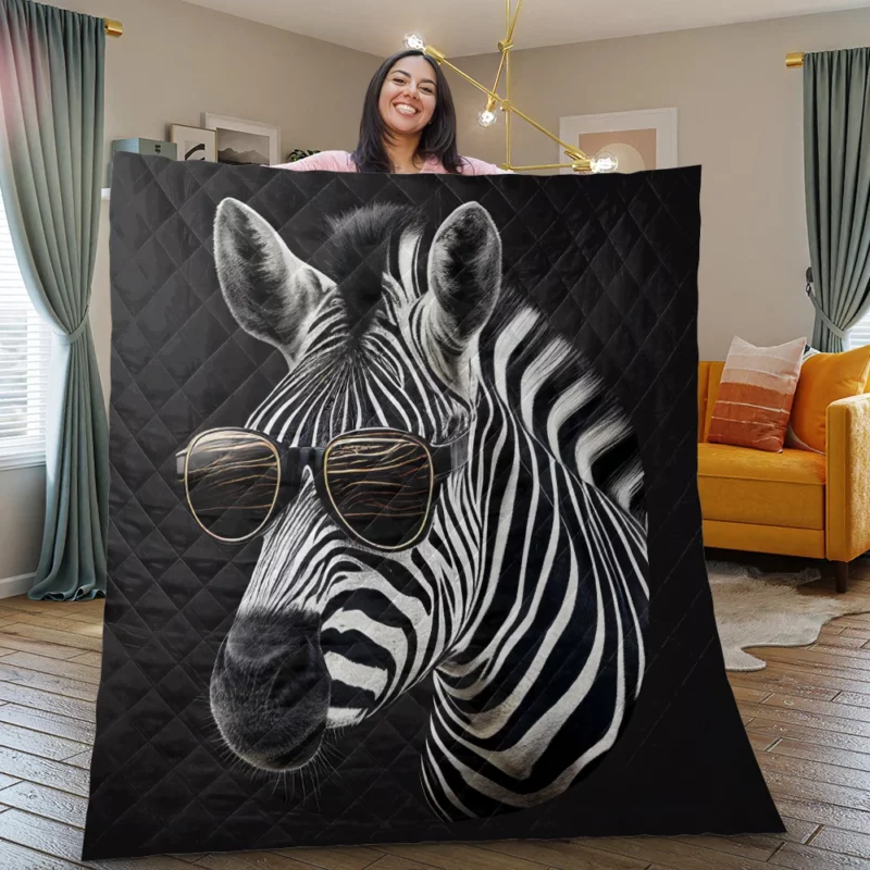 Zebra Portrait With Glasses Quilt Blanket