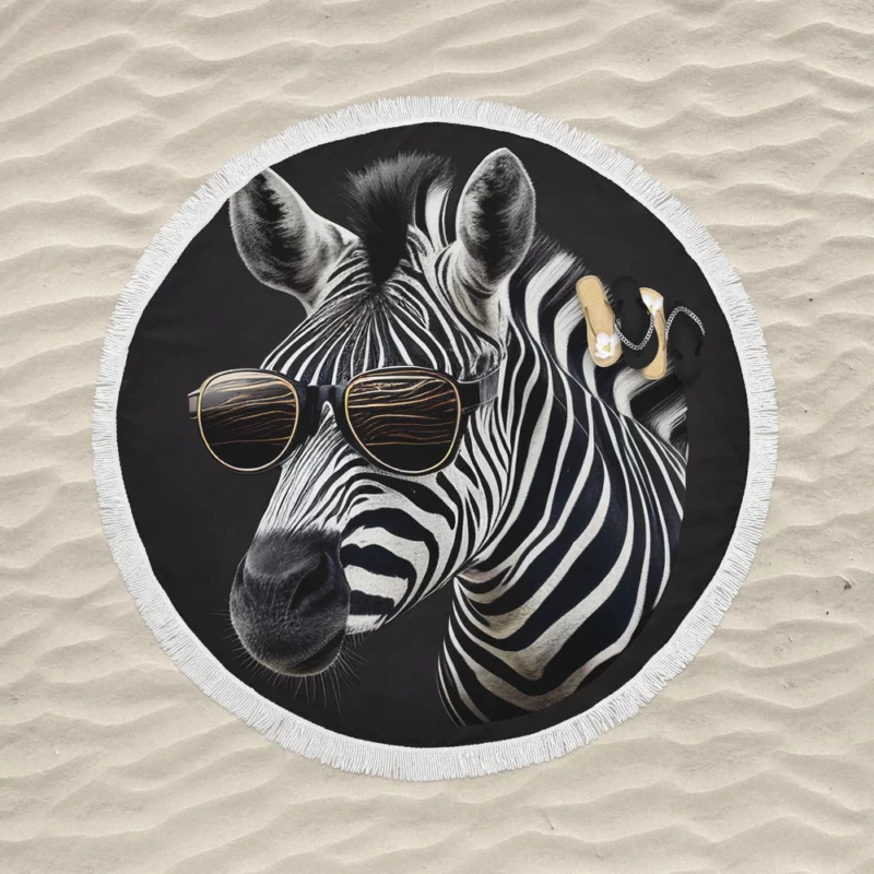 Zebra Portrait With Glasses Round Beach Towel