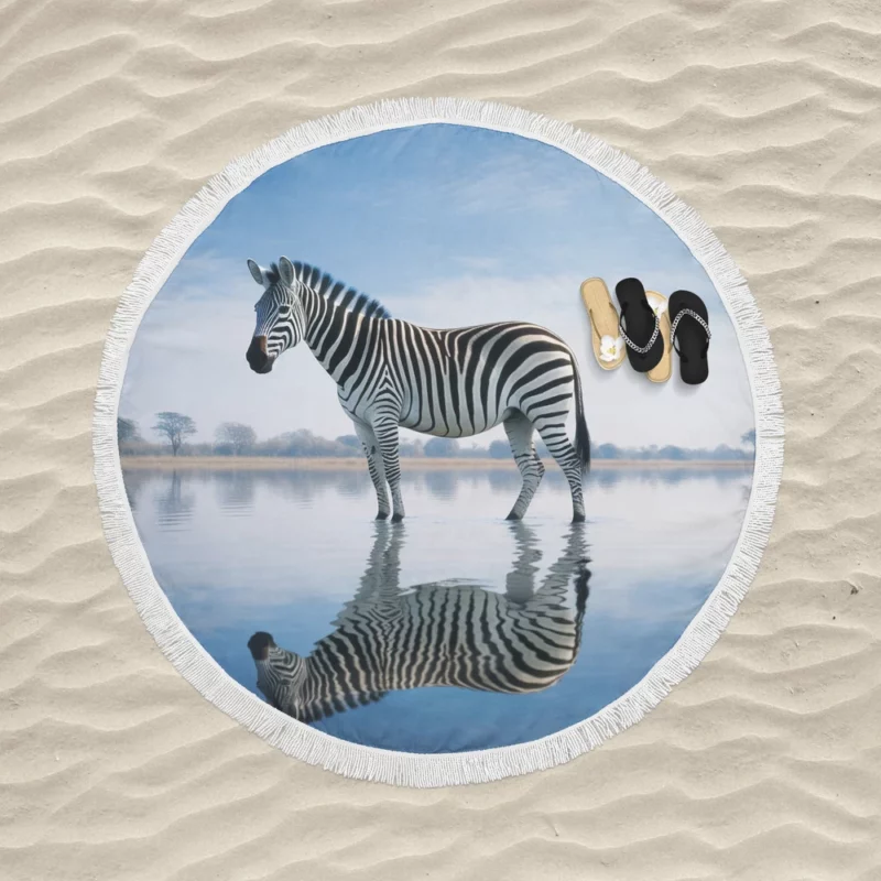 Zebra Reflection in Water Round Beach Towel