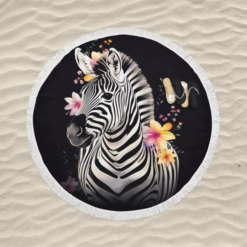 Zebra With Flower Crown Round Beach Towel