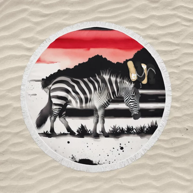 Zebra in Desert Landscape Round Beach Towel