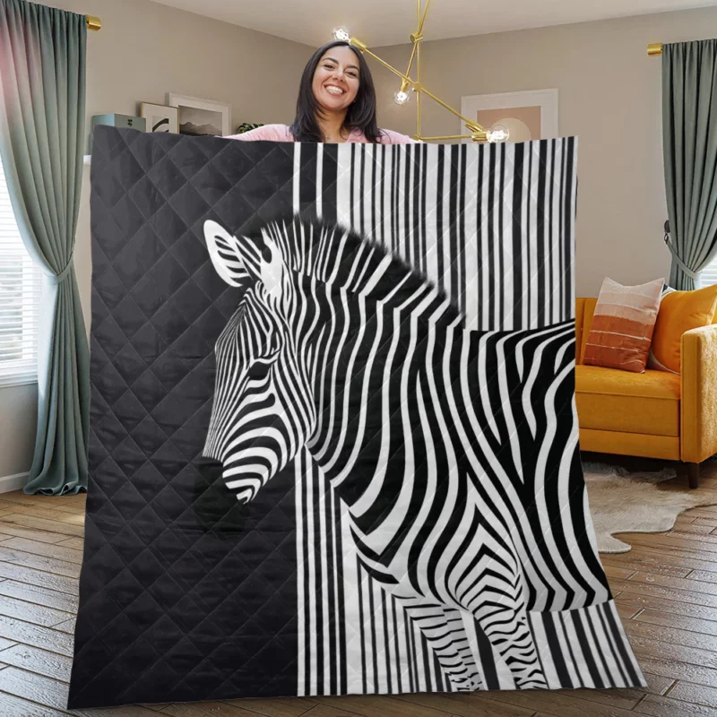 Zebra in Front of Stripes Quilt Blanket