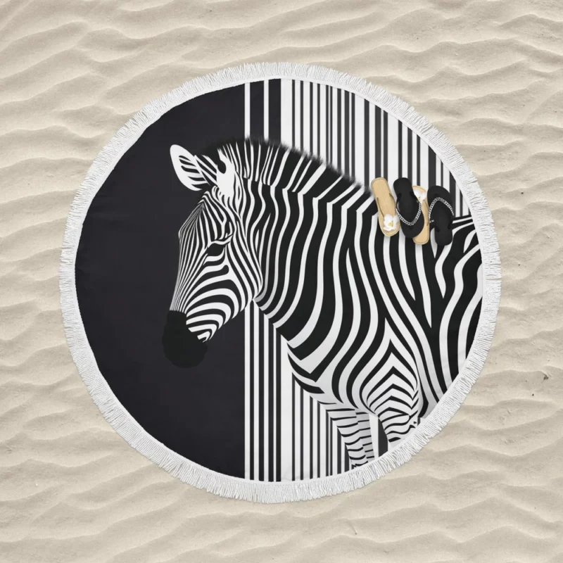 Zebra in Front of Stripes Round Beach Towel