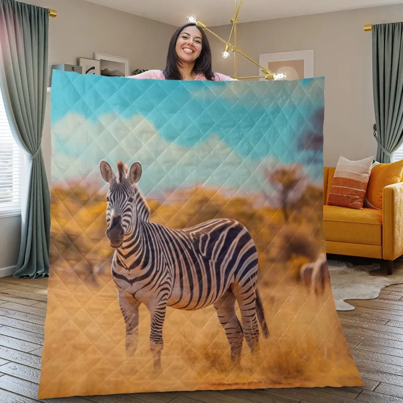 Zebra in Yellow Grassland Quilt Blanket