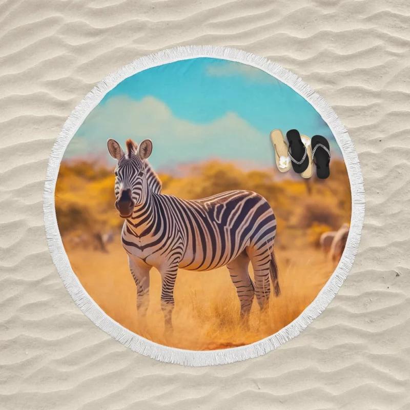 Zebra in Yellow Grassland Round Beach Towel