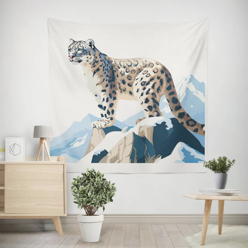 2D Illustration of a Cute Snow Leopard Wall Tapestry