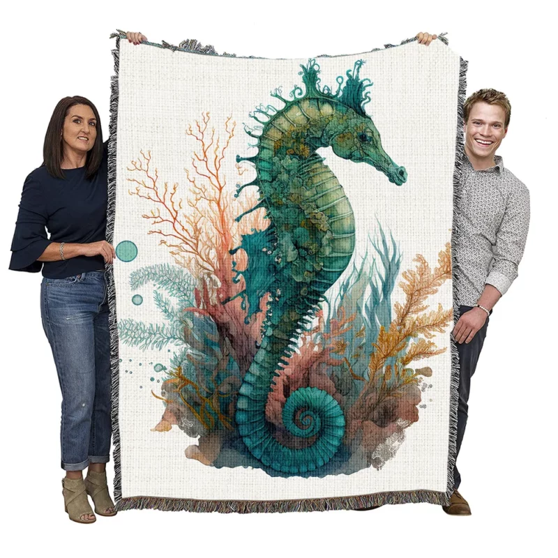 AI Generated Seahorse Painting Woven Blanket