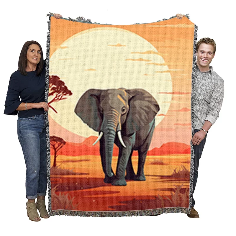 African Elephant in Savanna Woven Blanket