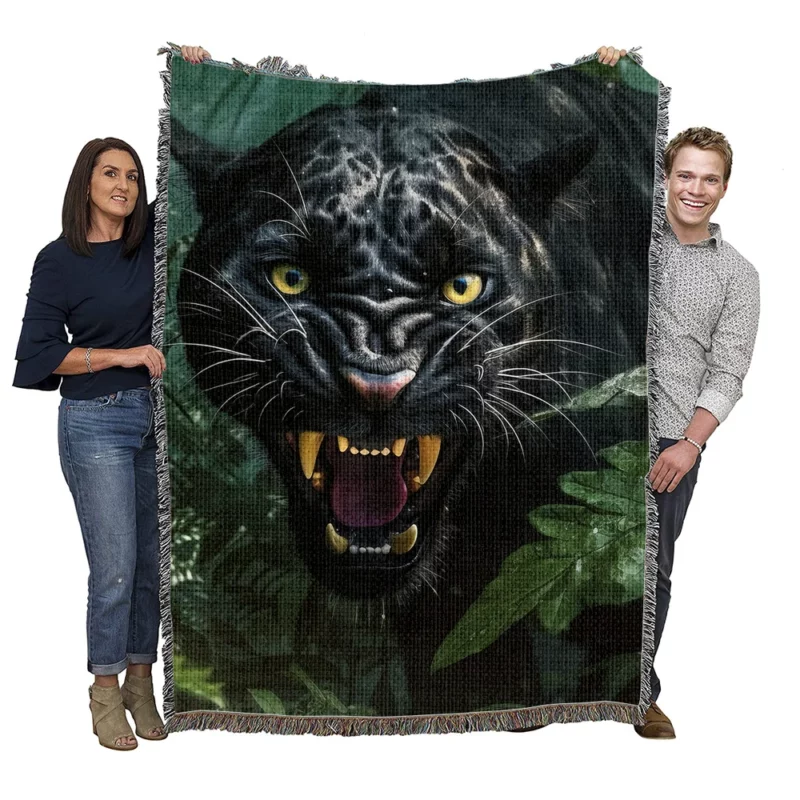 Angry Black Panther in Jungle Woven Blanket