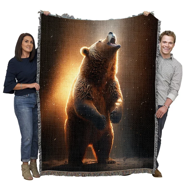 Angry Grizzly Bathed in Flickering Light Woven Blanket