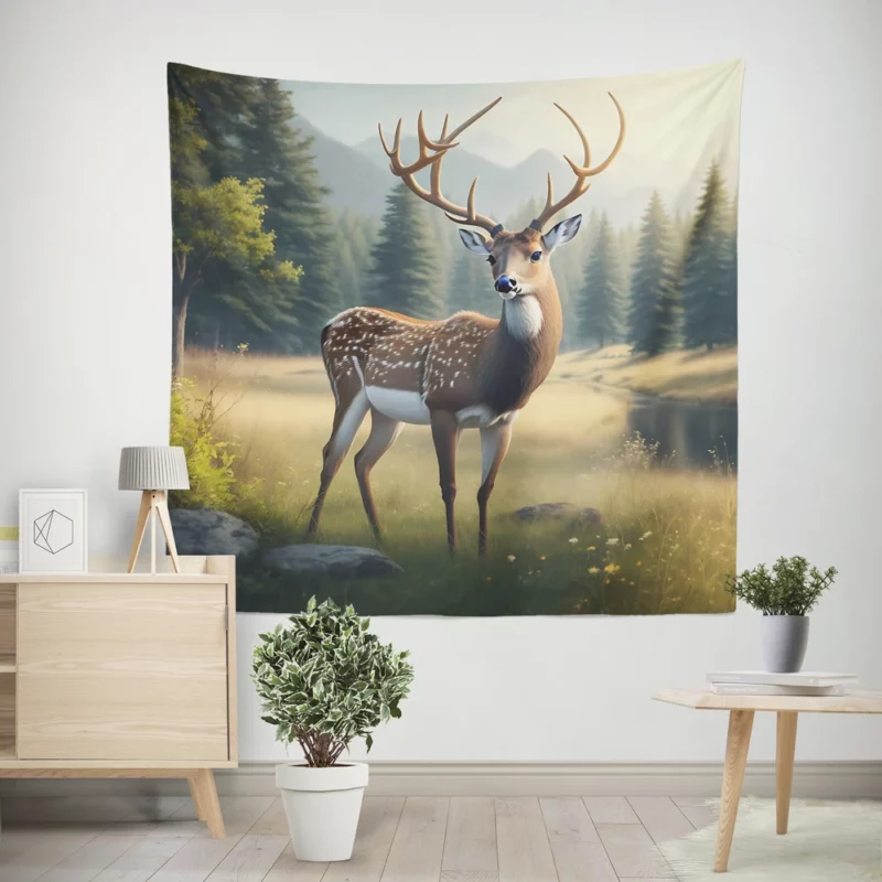 At One with Nature Deer in Forest Wall Tapestry