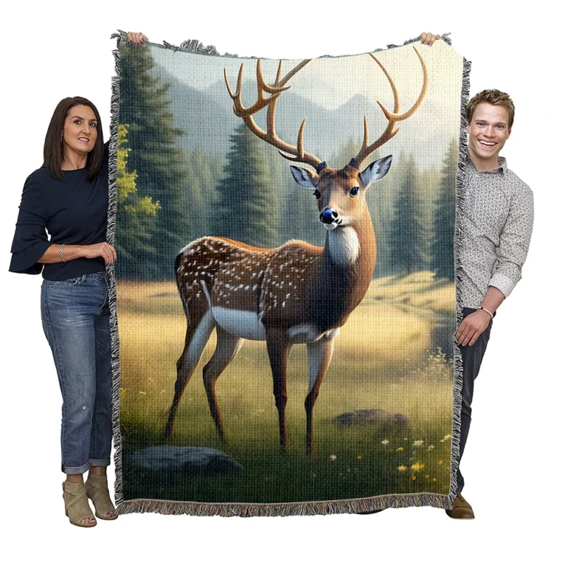 At One with Nature Deer in Forest Woven Blanket