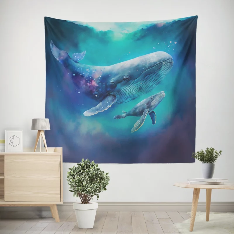 Baby Whale on Blue Background Wall Tapestry