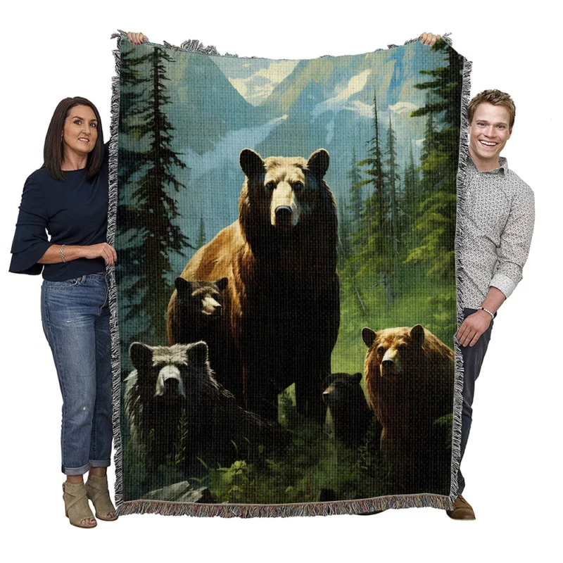 Bears Ambling Through Mountain Woods Woven Blanket