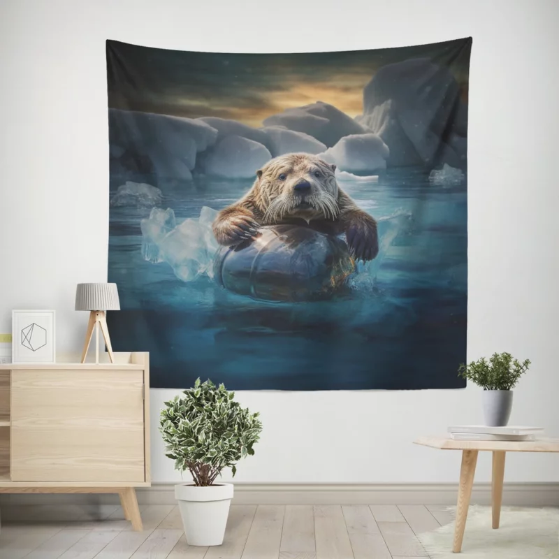 Beaver on Ice Float Painting Wall Tapestry