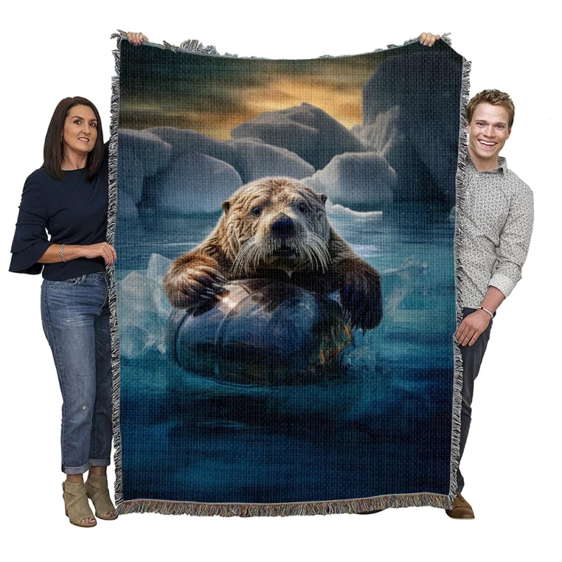 Beaver on Ice Float Painting Woven Blanket