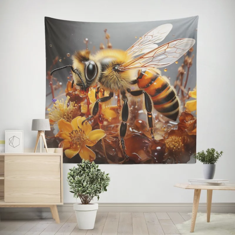 Bee Sitting on Flowers Wall Tapestry