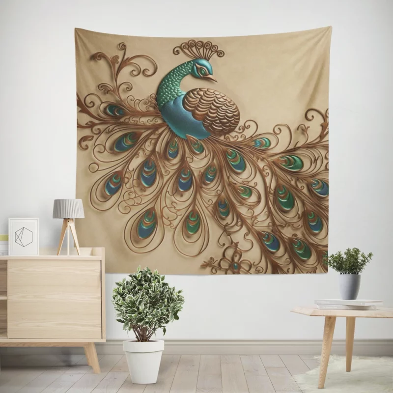 Beige Background Peacock with Green Tail Wall Tapestry