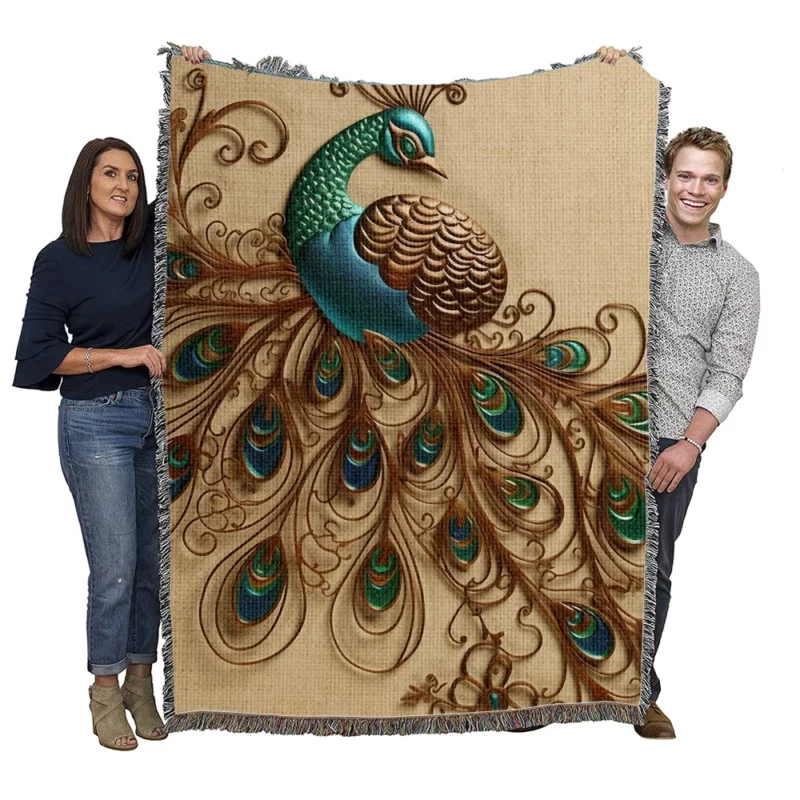 Beige Background Peacock with Green Tail Woven Blanket