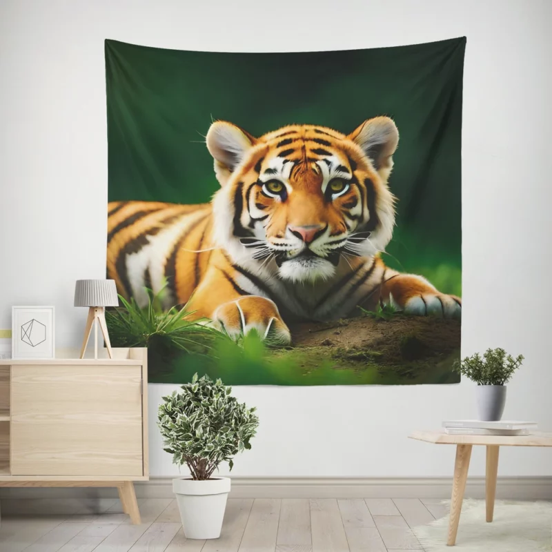 Bengal Tiger Laying in Grass Wall Tapestry