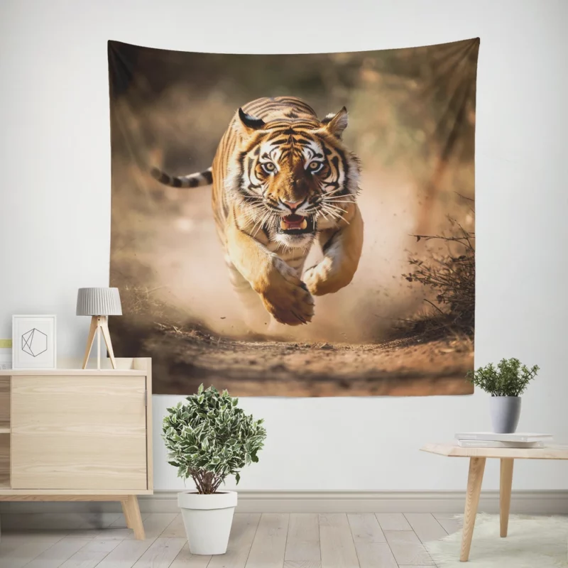 Bengal Tiger Running Through Woods Wall Tapestry